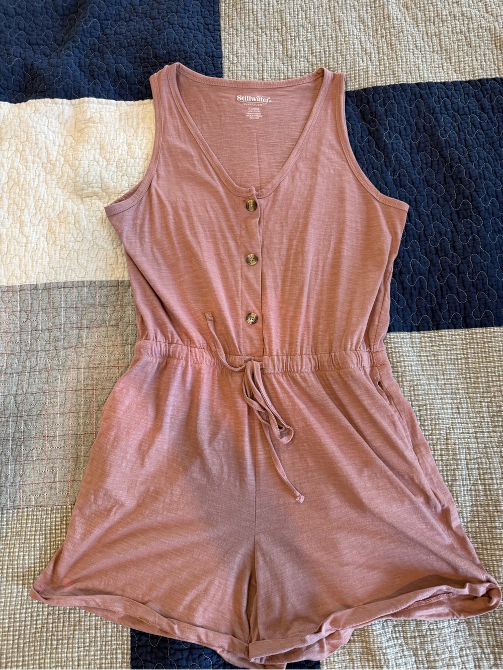 Mauve Sleeveless Button-Front Bodysuit Romper with Drawstring Waist XL